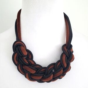 Vintage Chunky Woven Boho Statement Necklace Brown Velvet & Black Fabric Strands